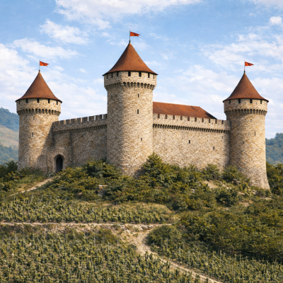 Chateau Medieval Sur Colline Viticole